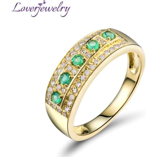LOVERJEWELRY Solid 18K Gold Green Emerald Ring Natural Diamonds Wedding Jewelry Engagement Unisex Rings Gift For Men And Women