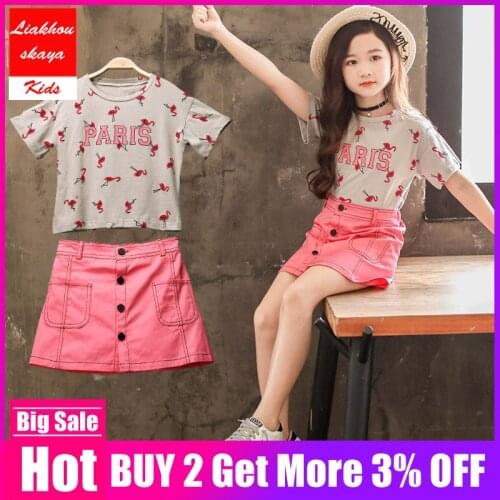 Summer Fashion Girls Clothes For teenagers Set 2019 Children Clothing Kids Gray T-shirt Flamingo+Pants Shorts Clothes Child Girl