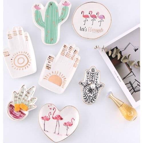 Small Hamsa Sun Hand Flamingo Cactus Pineapple Crown Ceramic Dish Plate Decorative Jewelry Trinket Dish Necklace Storage Tray