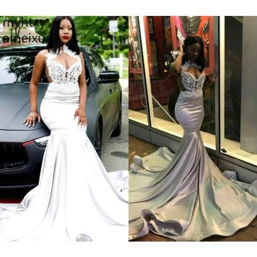 2020 New African Mermaid Halter White Sexy Prom Dresses Black Girls Wear Party Gowns Plus Size Prom Custom Made Dress Elegant