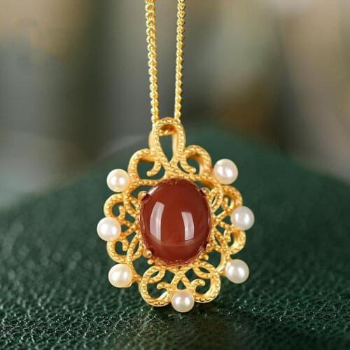 Natural South Red chalcedony Pearl Pendant Necklace Chinese style retro palace style minority design womens Christmas gifts