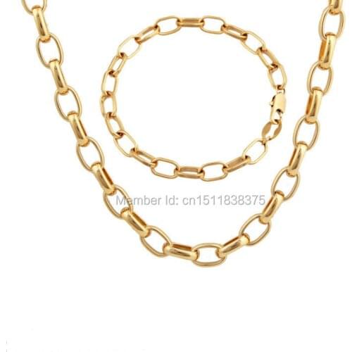 . Gold Color Necklace and Barcelets Men & Women jewelry sets Unique Round 21 cm Chain & 55cm link chain free shipping