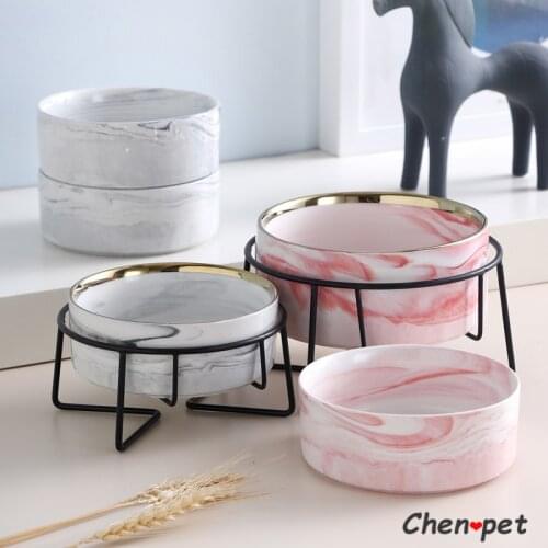 Luxury Marble Ceramic Bowl Raised Cat Dog Food Bowl Pink Golden Food Water Feeder with Stand Nordic Design Pet Supplies