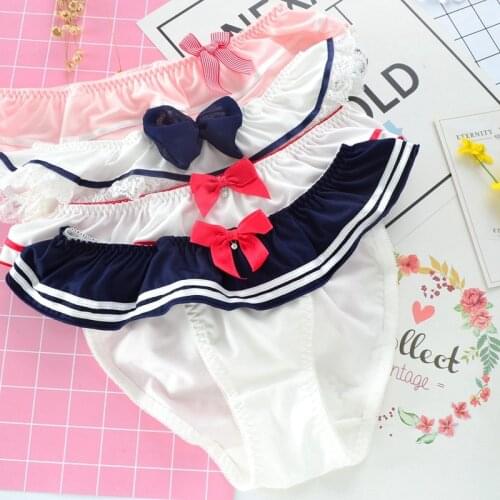 Lolita Cosplay Cute Cartoon Girls Panties Sexy Navy Wavy Lace Underwear Bow Milk Silk Ruffles Womens Briefs Lingerie Tanga