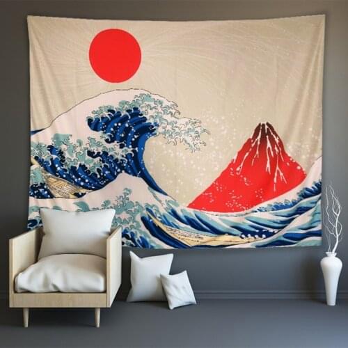 Retro Japan Wall Tapestry Sea Wave Mountain Psychedelic Red Sun Wall Hanging Tapestries Mandala Carpet Wall Sheet Rug Tablecloth