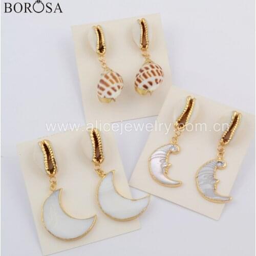 BOROSA 5Pairs Gold Color Natural Cowrie Shell Conch Crave Face White Shell Dangle Earrings Handcrafted for Women as Gifts G1741