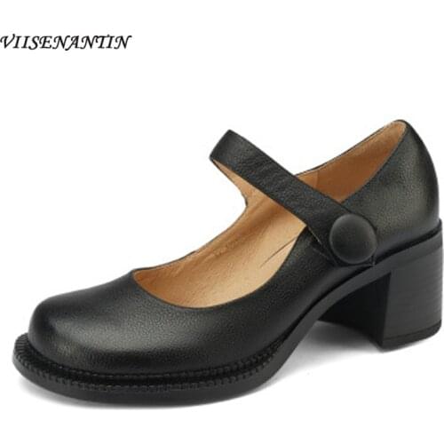 Vintage Mary Jane Shoes Womens Thick-heeled Platform 2021 New French Round Head Buckle High Heels College Style Single Shoes