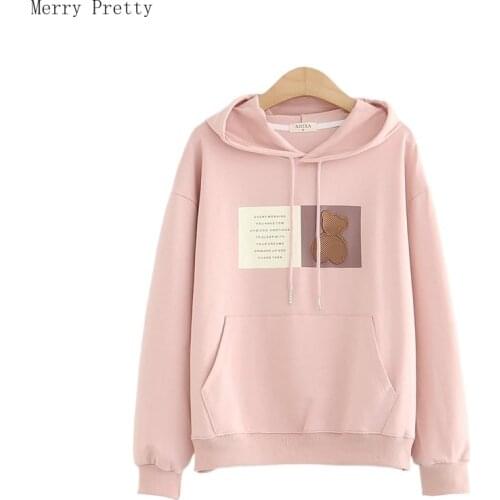Pink Cartoon Bear Embroidery Graphic Women Hooded Sweatshirt 2021 Summer Girl Sporty Chic Drawstring Pullover Casual Hoodies
