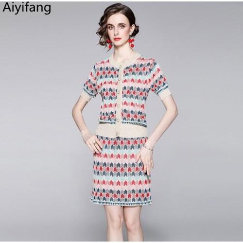 Vintage Jacquard Knit Suit Summer Runway Women Short Sleeve Single-Breasted Cardigan Top + Package Hip Mini Skirts 2 Piece Sets