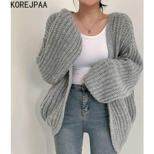Korejpaa Women Sweaters 2021 Autumn Korean Chic Lazy Style V-Neck Wild Loose Casual Solid Color Lantern Sleeve Knitted Cardigan