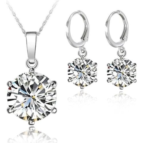 Woman 925 Sterling Silver 8MM Jewelry Sets Cubic Zircon Crystal Lever Back Earrings Pendant Necklace Nice Gifts 8MM Stone