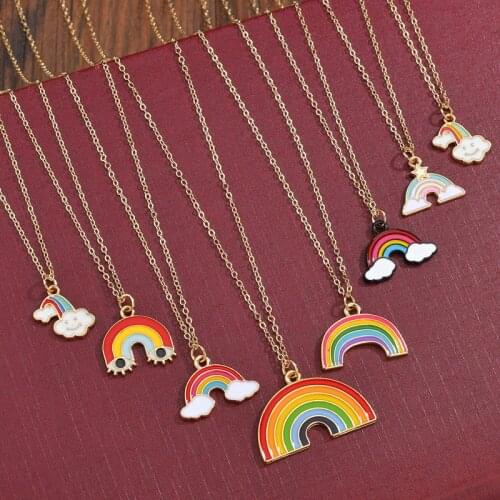 Mix Color Charm Carved Rainbow Pendants Necklaces for Women Girls Gold Color Cute Cloud Flower Drop Necklaces Jewelry Gift