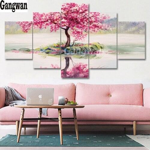 Diamond Painting Cross Stitch abstract pink tree landscape Full Round square drill New DIY 5D decorative Mosaic Embroidery 5 pcs