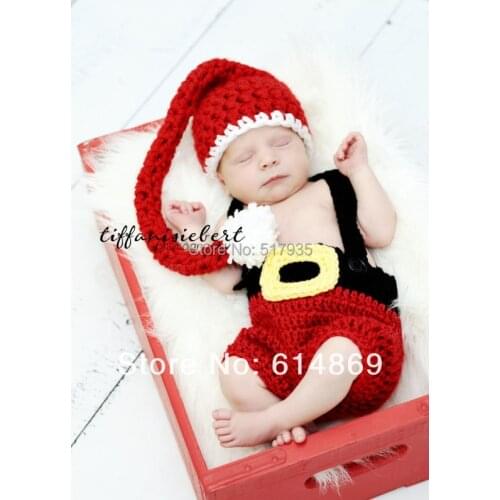 Free shipping,cute handmade crochet Christmas baby long tail elves hat with overalls pants baby sets newborn photography props