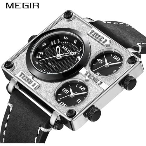 MEGIR Men Quartz Wristwatches Multi Time Zone Watches Luxury Casual Business Square Dial Top Brand Male Clock Relogio Masculino