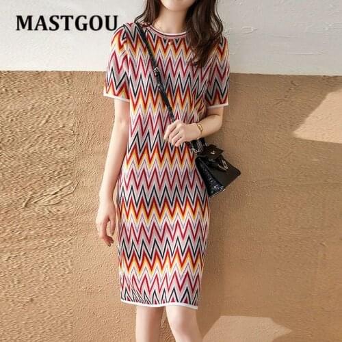 MASTGOU Colorful Argyly Long Knit Straight Dress O Neck Short Sleeve Holiday Party Dresses Campus Style Pullover Dress