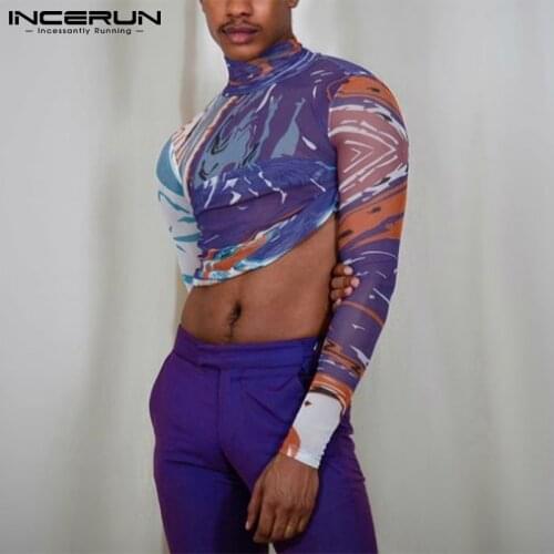 INCERUN 2021 Men Mesh T-Shirt Sexy Transparent Long Sleeve O-neck Top 2021 See Through Streetwear Party Nightclub T-shirts S-5XL