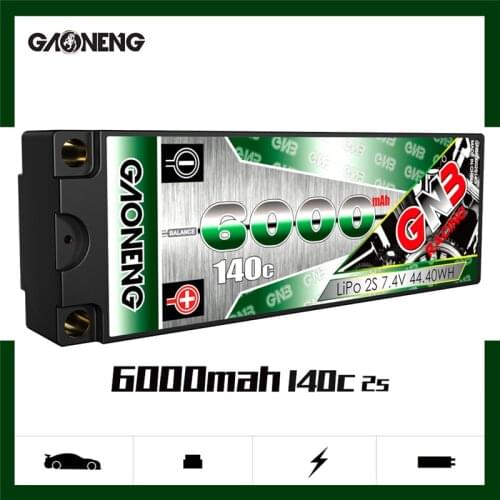 Gaoneng GNB 7.4V 6000mAh 2S 140C lithium battery 6mm Built-in Bullet Hard Case T XT60 Plug for 1:10 RC Car Model Spare Parts