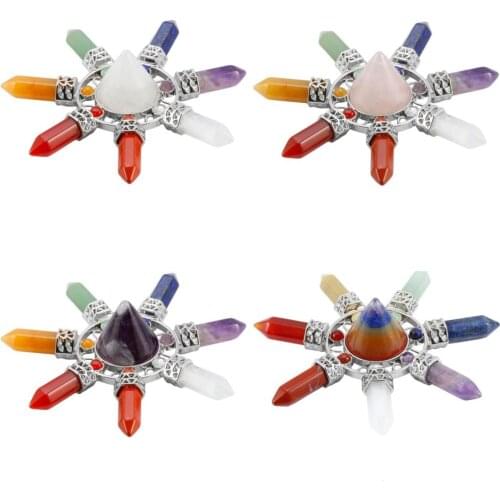 TUMBEELLUWA Healing Crystals Taper Pyramid Energy Generator 7 Chakra Hexagonal Prism Points for Reiki Balancing