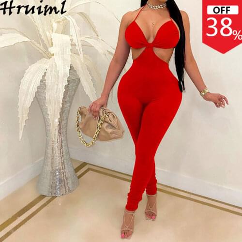 Backless Jumpsuit Solid Color Sexy & Club Hollow Out Full Length Skinny Womens Jumpsuits Fashion Personalized V Neck Rompers