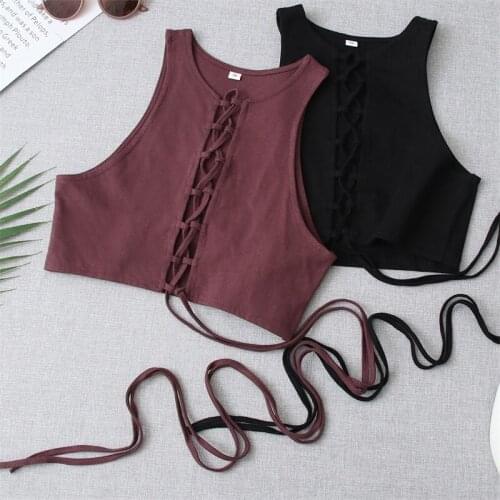 ZXQJ Women 2021 Fashion Bandage Decoration Sexy Solid Color Short Vest Vintage Sleeveless Female Outerwear Chic Tops