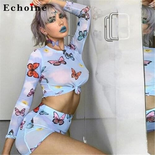 Summer Women 2 Piece Set New Butterfly Printed Mesh Perspective Crop Tops Sexy Skirt Mini Suit Female Tracksuit Slinky Home Wear