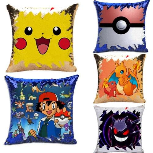 Pikachu Pillowcase 40*40 Sequins Throw Pillows Cushion Cover Decorative Pokemon Reversible Sequin Pillow Cover Sofa Decor Party