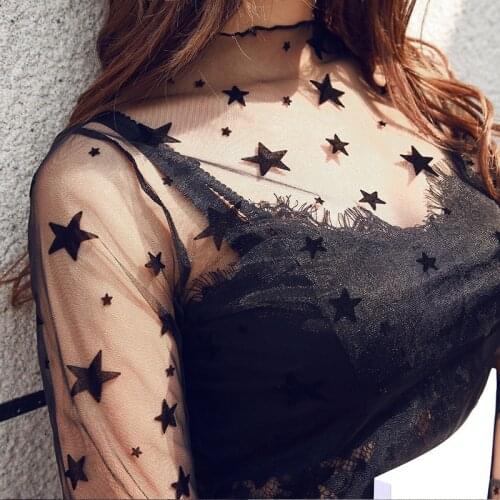 New Summer Mesh Yarn Bottom Shirt Grid Perspective Lace Woman Long Sleeves Sexy Black T Shirt For Women Tops