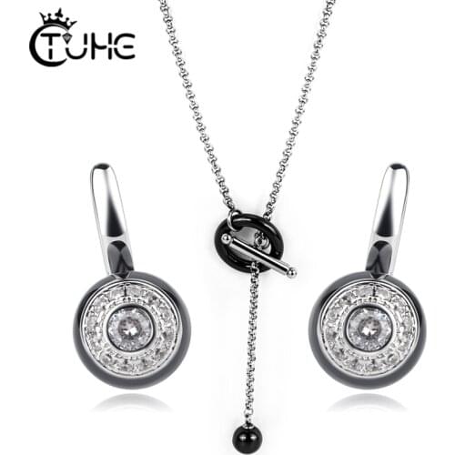 New Fashion Wedding Jewelry Sets for Women Never Fade Ceramic Circle Necklace Stud Earring Set Crystal Jewelry Christmas Gift