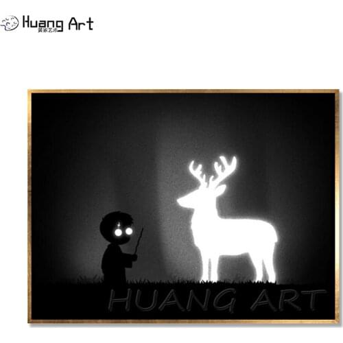 Artist Directly Supply Handmade Night Landscape Oil Painting On Canvas Modern Abstract Boy And Reindeer Canvas Oil Painting