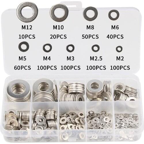 580pcs M2/M2.5/M3/M4/M5/M6/M8/M10/M12 Stainless Steel Washer Plain Washer Kit Screw Fastener Hardware Assortment Accessories