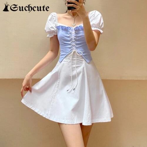 SUCHCUTE Patchwork Lace Up Women Mini Dress Square Collar Casual Streetwear Puff Sleeve Short Dress Korean Style Sundress