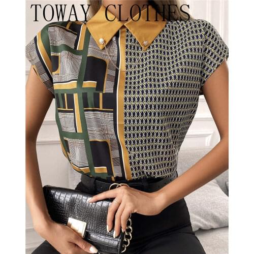 Women Summer Turn-down Collar Houndstooth Print Colorblock Short Sleeve Top Blouses and Shirts