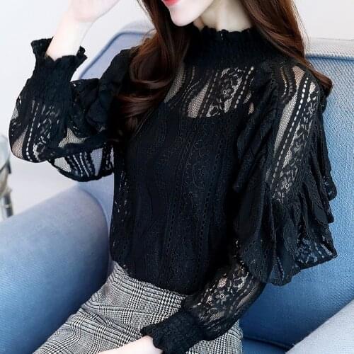 Women Black Green Lace Chiffon Blouse High Street Korean Fashion Woman Shirt Spring Autumn Vintage Long Sleeve Ladies Tops