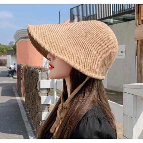New Bandage Bow Summer Autumn Sun Hats for Women Solid Color Large Wide Brim Foldable Anti-UV Beach Hat Female Caps Lady Panama