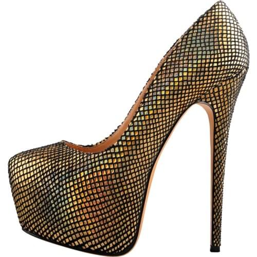 Richealnana Womens Round Toe Platform Mesh Stiletto 16CM High Heels Glossy Sequins Party Slip On Plus Size Pumps