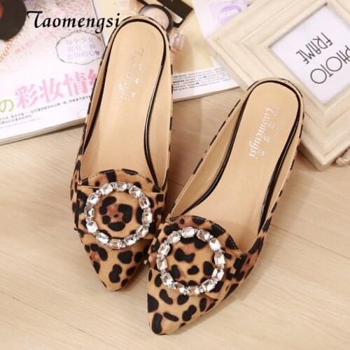 Taomengsi Womens Shoes 2021 Diamond Leopard Sandals Baotou Lazy Slippers Pointed Wrapping Flat Shoes