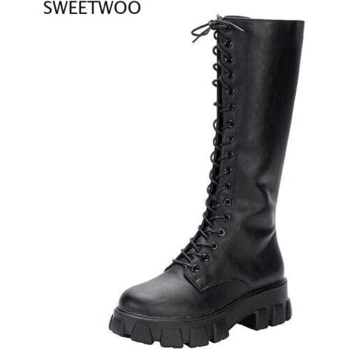 Fashion Women Cross Strap Pu Leather Boots Autumn Winter Knee High Boots Ladies Thick Sole Platform Mid-Calf White