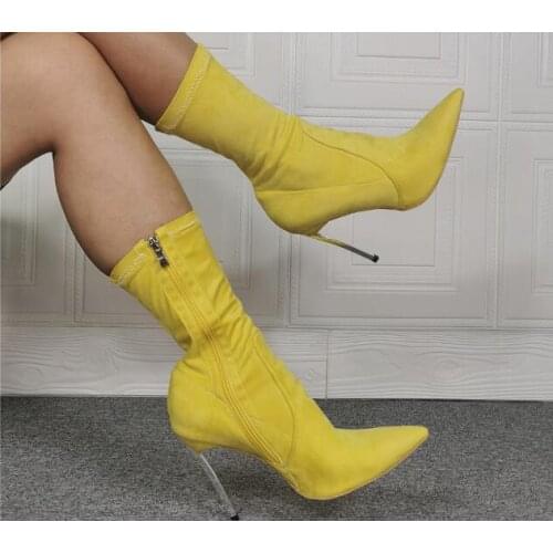 Dipsloot Brand Women Fashion Pointed Toe Suede Leather Stiletto Metal Heel Short Boots Yellow Red Black Thin Heel Mid-calf Boots