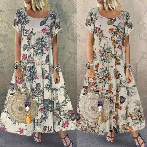 Boho Summer Dress Womens Casual Floral Printed Robe Femme Short Sleeve Cotton And Linen Long Maxi Vestidos Loose Sundress 2021