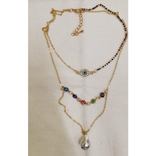 Trendy handmade crystal evil eye pearl sweater chain necklace pendant jewelry for women party gift