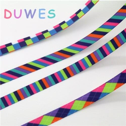 DUWES 3/8'' 50yards colors stripe plaid Printed Grosgrain Ribbon Accessory hairbow headwear DIY decoration OEM 9mm D1086