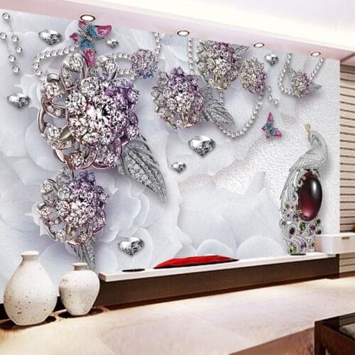 5d papel Murals Crystal Peacock Butterfly Purple Flower Glitter 3d Wallpaper mural 3d photo wall Mural for Wedding Room 8d Mural