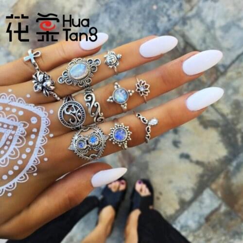 HuaTang 11pcs Vintage Silver Color Lotus Flowers Ring Set for Women Clear Crystal Stone Turtle Geometric Rings Jewelry Gift 9037