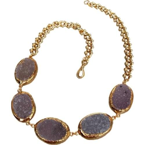 Y·YING Natural Agate Druzy Oval Shape With Electroplated Edge Chain choker Necklace 21"