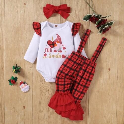 Kids Clothes Sets Infant Baby Girls Christmas Xmas Santa Gnome Letter Printed Romper Bodysuit+Suspender Pants Headbands Outfits