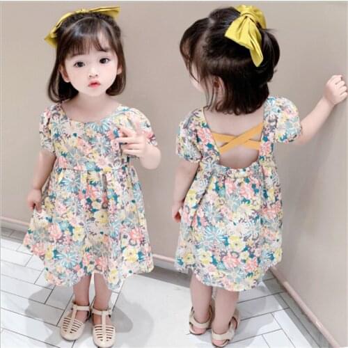 Baby Short-sleeved Dress with Flower Print, Cross Strap Decoration Back Cool Hollow Design Summer Clothing