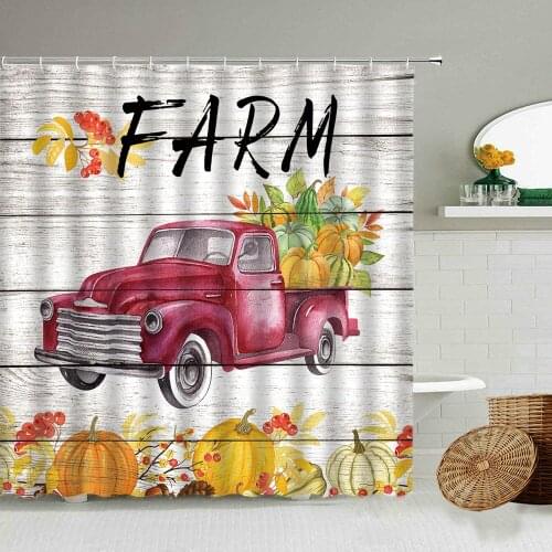 Retro Farm Pumpkin Cart Shower Curtain Autumn Maple Leaf Old Wooden Board Design Bathroom Wall Decor With Hook Waterproof Screen