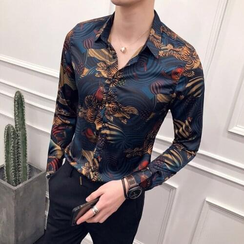 Fashion Animal Print Show Vintage Shirt Men Camisa Masculina Slim Fit Club Party Prom Printed Mens Shirt Chemise Homme