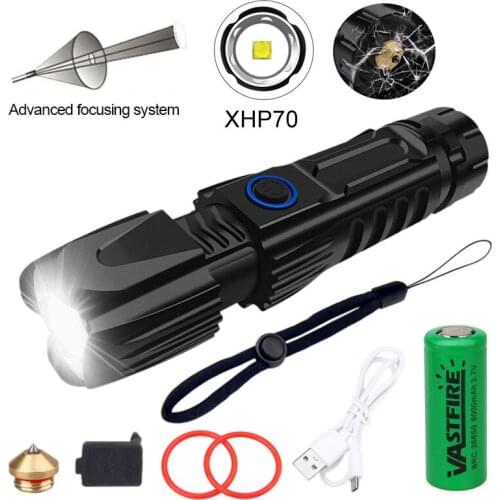 Super Bright XHP70 LED Flashlight XLamp Tactical waterproof Torch Smart chip control With bottom attack cone USB rechargeable